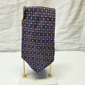 Handmade Silk Necktie Mens Navy Blue Burgundy Geometric Medallion Made in USA